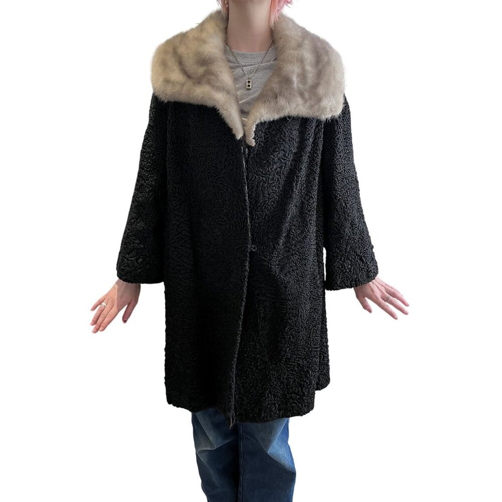 Vintage 1950s Persian Lamb Wool Swing Coat W/ Gray Mink Collar Satin Brocade Lin